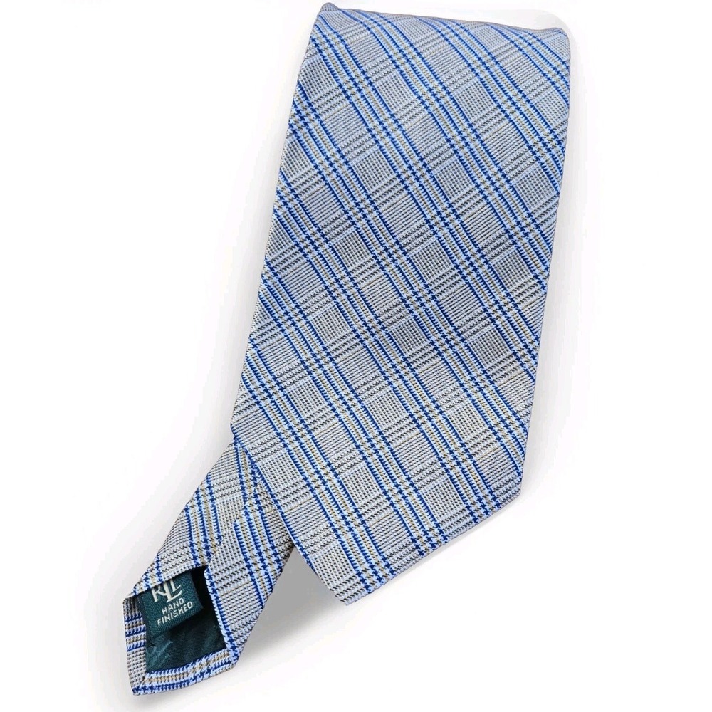 VTG Lauren by Ralph Lauren Silk Necktie Tie Blue Gold Yellow Hand Finished